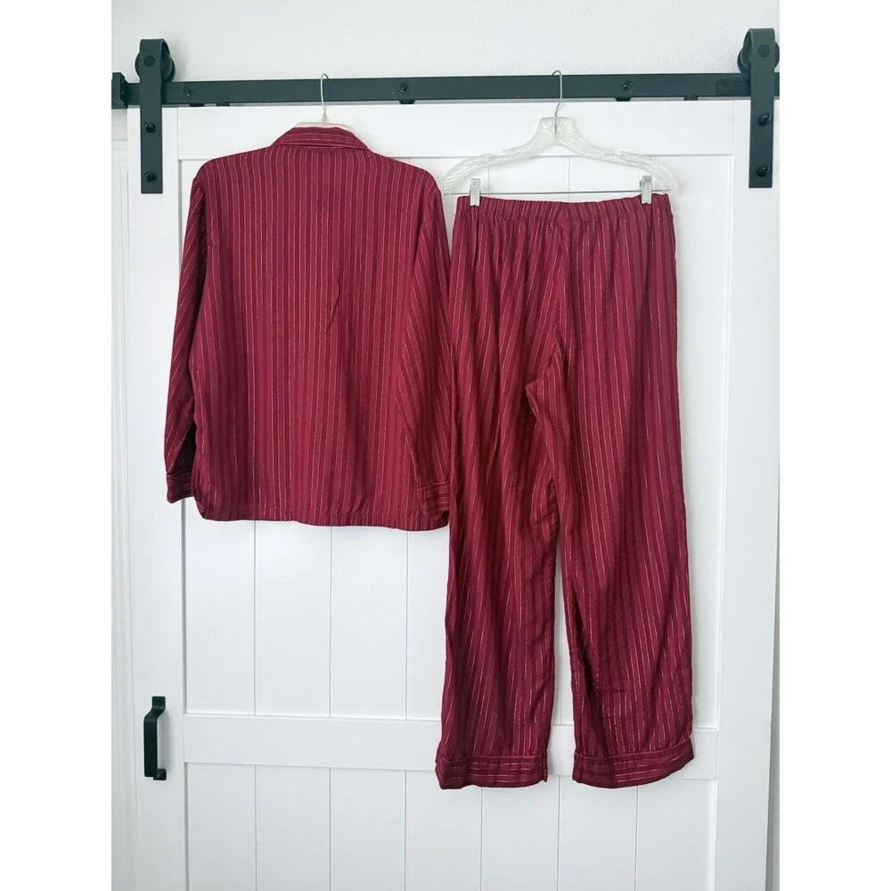 Victoria's Secret Pajama Set Sz M Red Gold Metallic Shimmer Stripe Cotton Modal